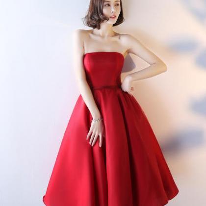 2018 Fashion Red Strapless Tea Length Satin Party..