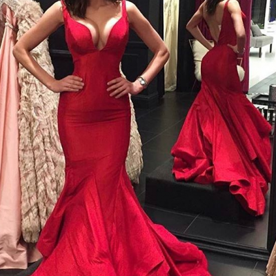 New Arrival Red Sexy V Neck Mermaid Prom Dress,Open Back Formal Gown With Layered Skirt