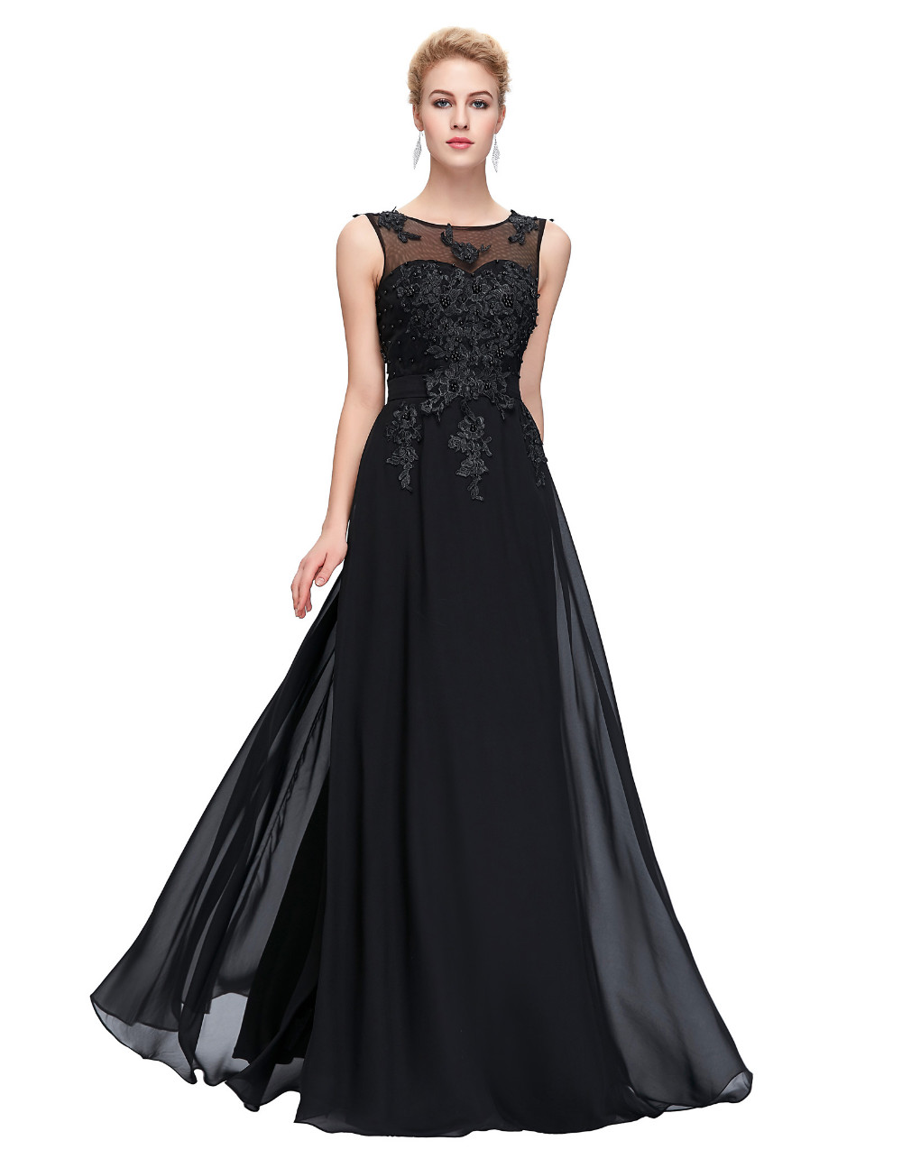 Black Illusion Chiffon Floor Length Prom Dress, Formal Gown,Evening Dress With Lace Appliques