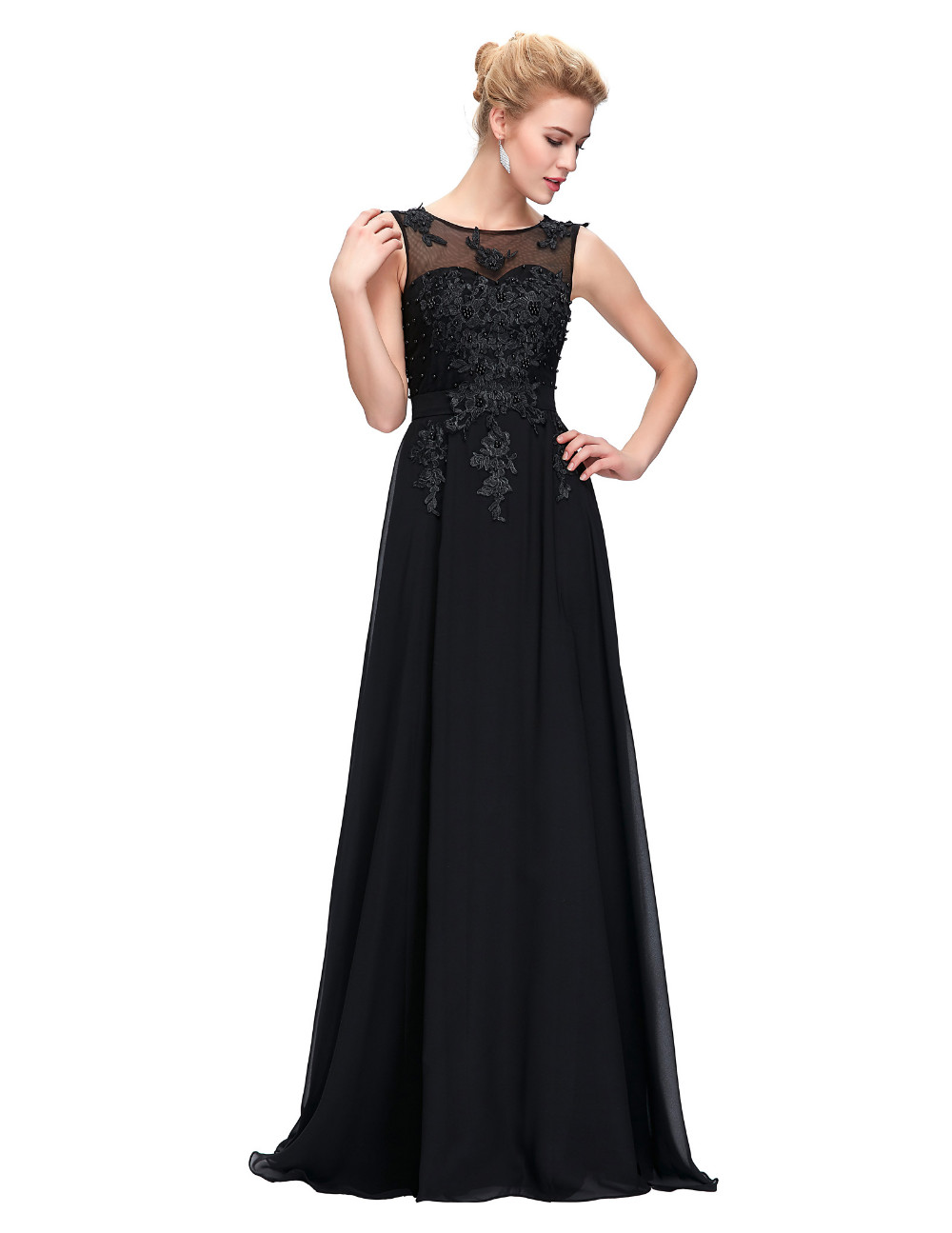 Black Illusion Chiffon Floor Length Prom Dress, Formal Gown,Evening ...
