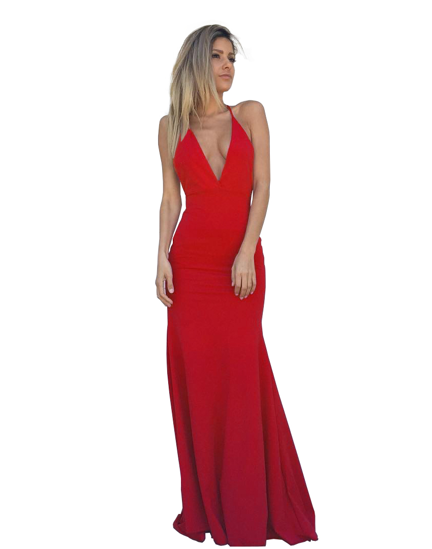 Red Deep V Neck Jersey Fitted Formal Gown, Backless Evening Dress With Spaghetti Straps