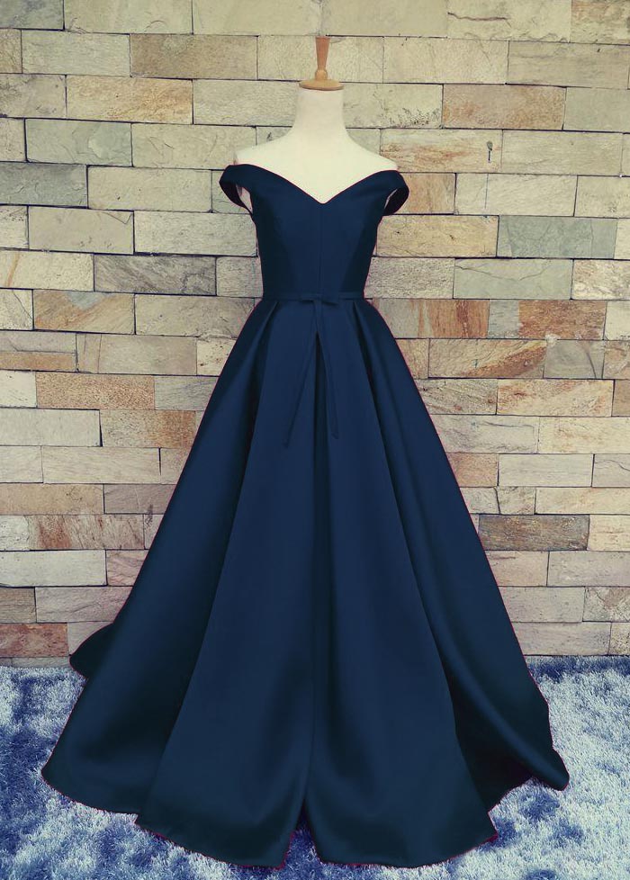 Glamour Navy Blue Off The Shoulder Princess Prom Dress, A Line Satin Formal Gown