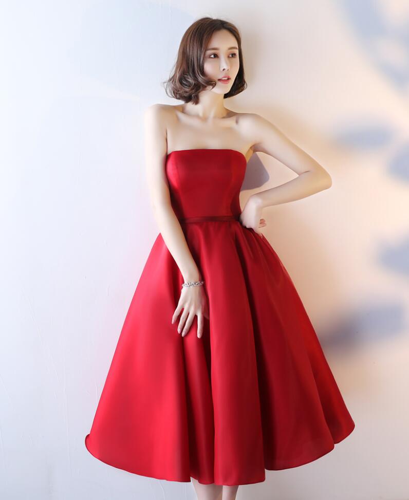 2018 New Fashion Red Strapless Tea Length Satin Party Dress, A Line Homecoming Dress