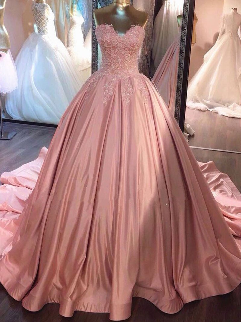 Pink Sweetheart Ball Gown Prom Dress, Sweep Train Wedding Dress With Lace Appliques Bodice