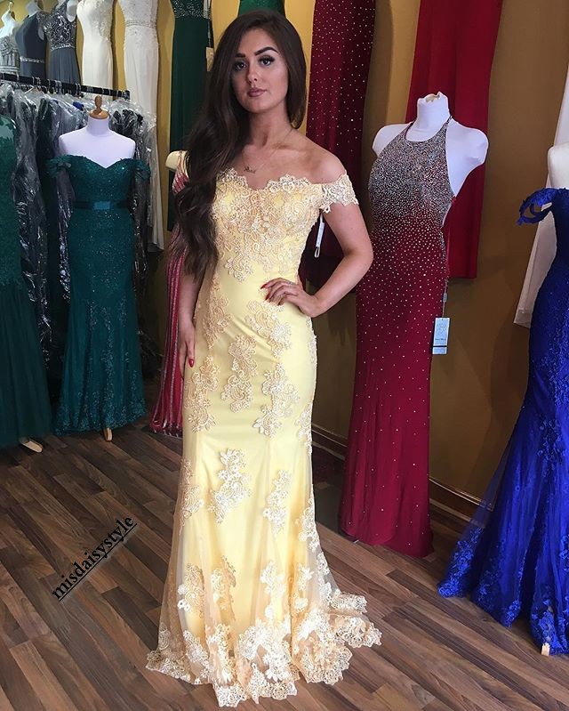 Glamour Yellow Off The Shoulder Lace Sheath Prom Dress, Formal Gown With Sheer Back