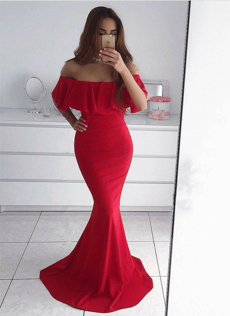 red off the shoulder mermaid dress