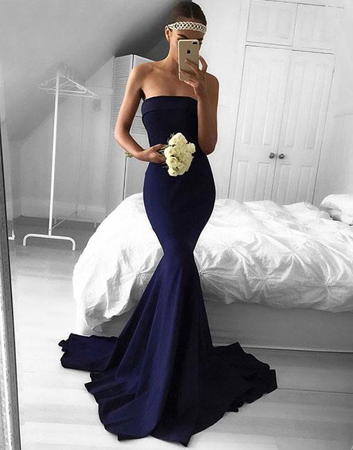 navy blue strapless mermaid dress