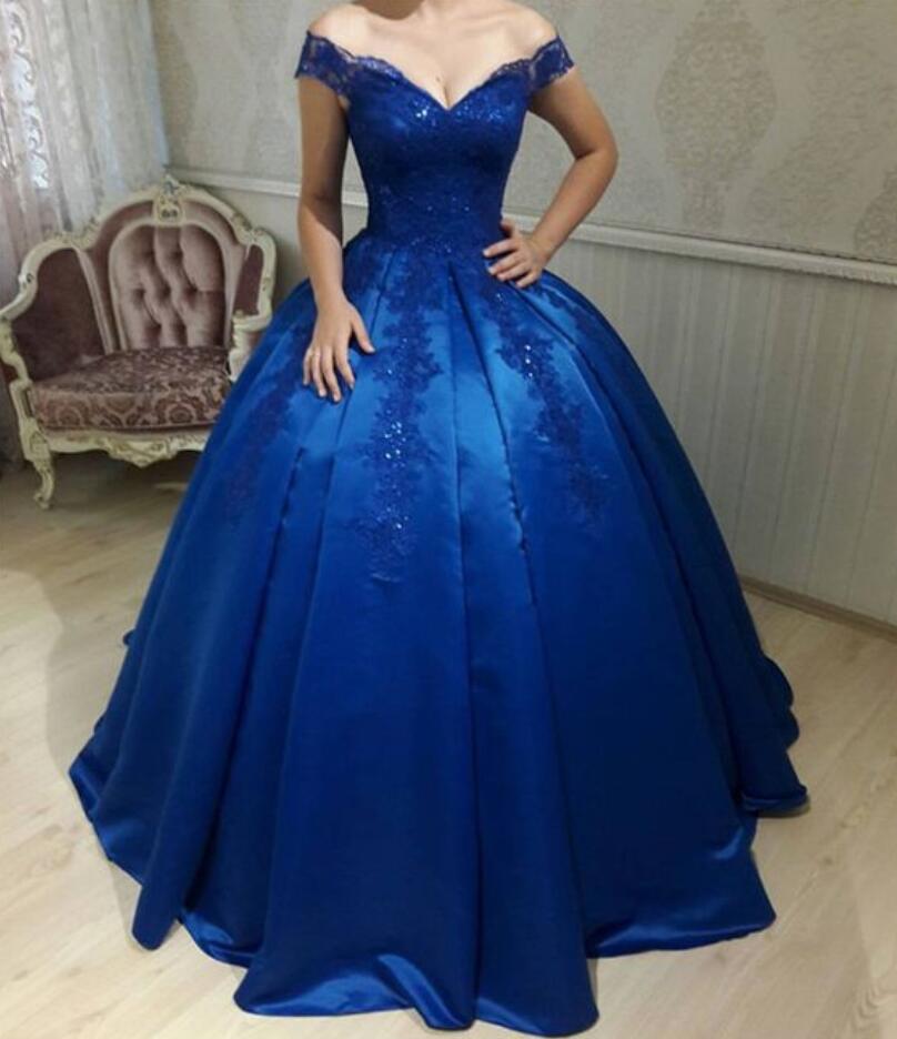 Royal Blue Off The Shoulder Ball Gown Wedding Party Dress,Prom Dress,Formal Gown With Lace Appliques