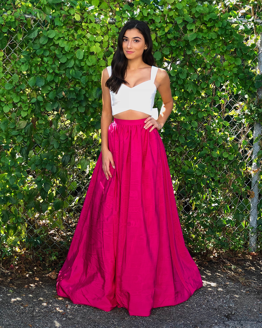 White / Fuchsia Sweetheart Two Piece Prom Dress,A Line Formal Gown With Cut Out Back,Bow