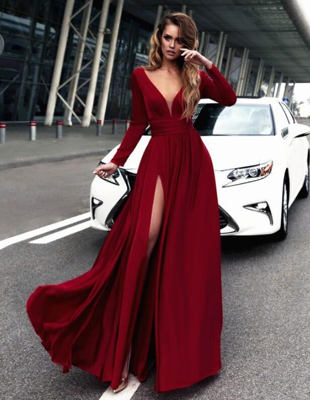 Gorgeous gold lace applique long sleeve high thigh slit jersey prom formal  evening pageant Dress Gown