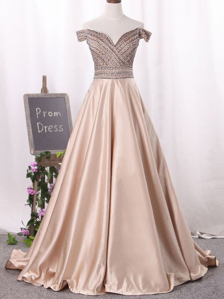 New Arrival Beaded Champagne Prom Dress A Line Formal Evening Gown Off The Shoulder