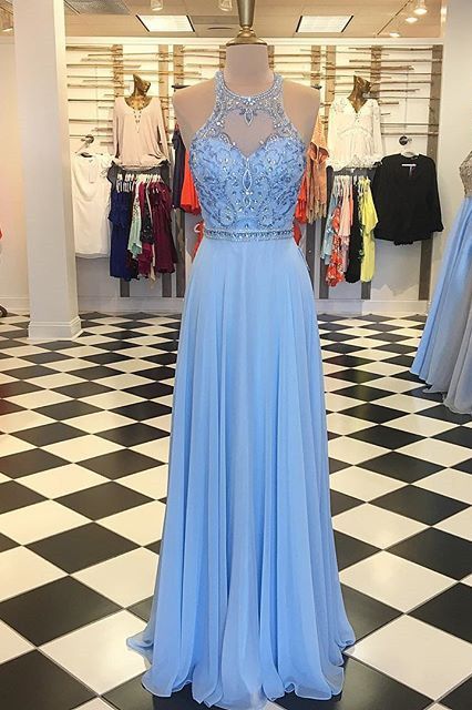 Beaded Sleeveless Prom Dress Light Blue Chiffon Formal Evening Gown With Cut Out Shoulder