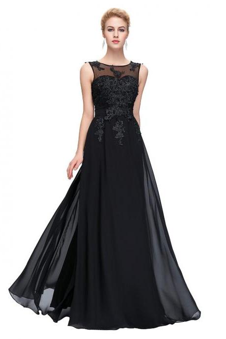 Black Illusion Chiffon Floor Length Prom Dress, Formal Gown,evening Dress With Lace Appliques