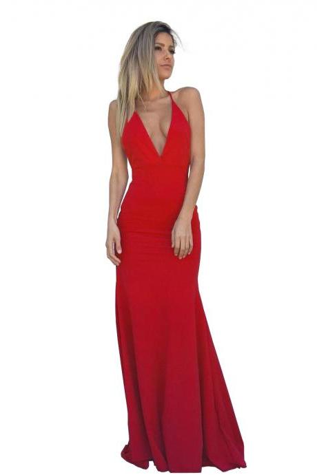 Red Deep V Neck Jersey Fitted Formal Gown, Backless Evening Dress With Spaghetti Straps