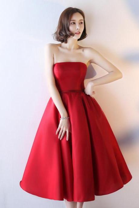 2018 New Fashion Red Strapless Tea Length Satin Party Dress, A Line Homecoming Dress