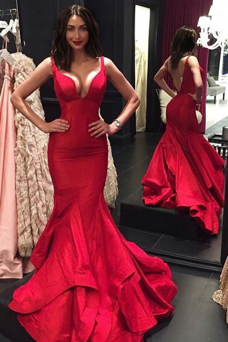 New Arrival Red Sexy V Neck Mermaid Prom Dress,Open Back Formal Gown With Layered Skirt