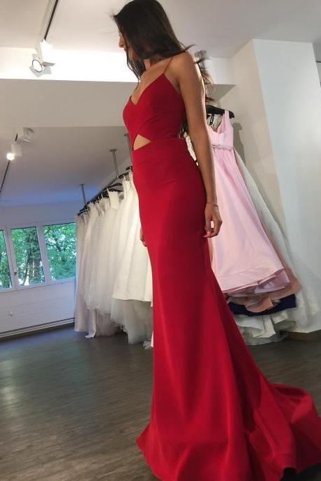 Sexy Red V Neck Mermaid Prom Dress, Backless Formal Evening Gown With Spaghetti Straps