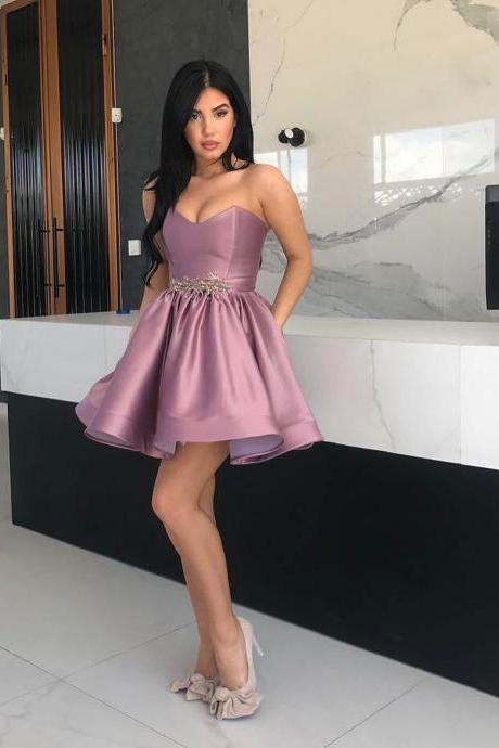 Beaded Rose Pink Strapless Babydoll Cocktail Dress,Homecoming Dress