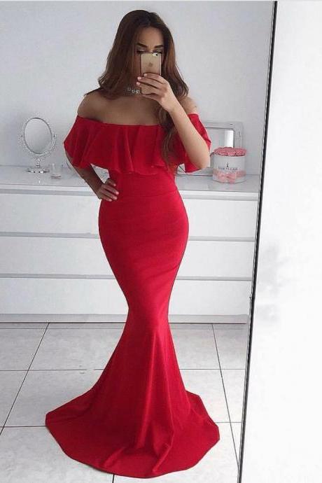 Gorgeous Red Off The Shoulder Flouncing Mermaid Prom Dress, Chiffon Formal Gown