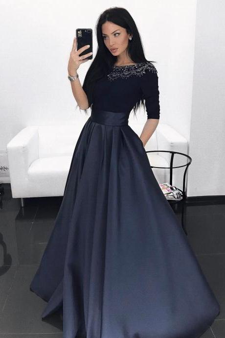 Beaded Navy Blue Bateau Long Sleeves Prom Dress,A Line Formal Gown With Two Pockets