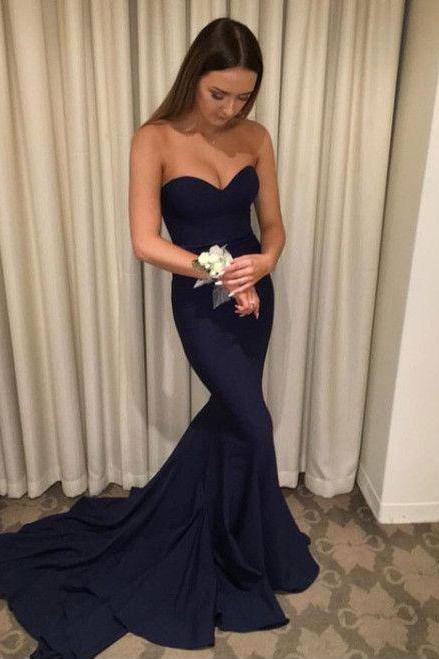 Women Gorgeous Navy Blue Sweetheart Satin Prom Dress,Formal Evening Gown With Train