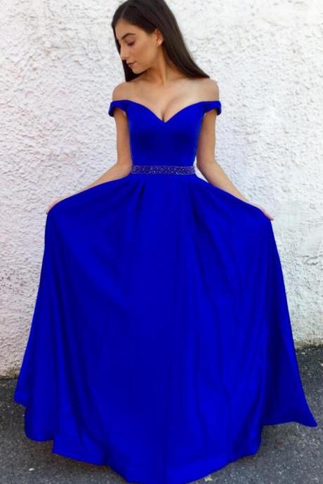 Royal Blue Off The Shoulder A Line Formal Evening Gown, Prom Dress With Beaded Waist