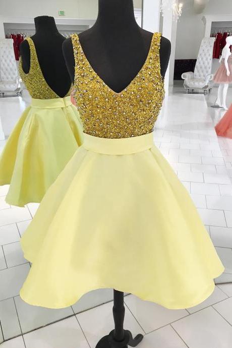 Yellow V Neck Sequined A Line Homecoming Dress,Short Party Dress With Open Back