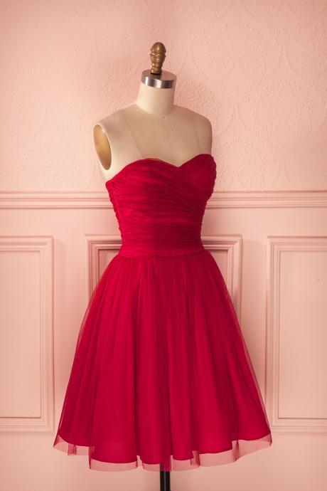 Red Strapless Tulle Knee Length Party Dress,A Line Homecoming Dress With Ruched Bodice