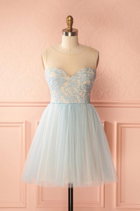 2018 Pretty Ice Blue Illusion Tulle Cocktail Dress,Homecoming Dress With Lace Bodice