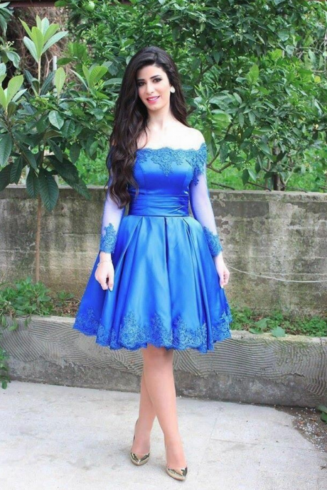 Royal Blue Off The Shoulder Homecoming Dress,Long Cocktail Dress With Sheer Long Sleeves
