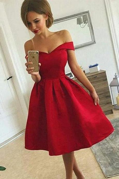 2018 New Arrival Red Off The Shoulder Satin Homecoming Dress,Cocktail Party Dress