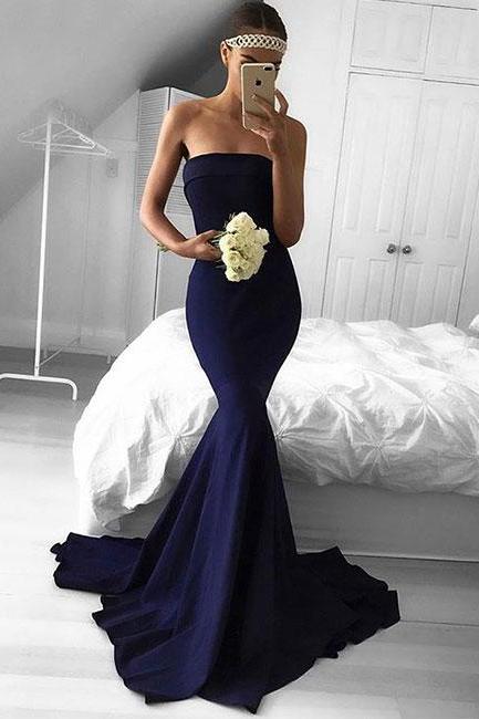 Elegant Navy Blue Strapless Mermaid Formal Evening Gown,prom Dress With Sweep Train