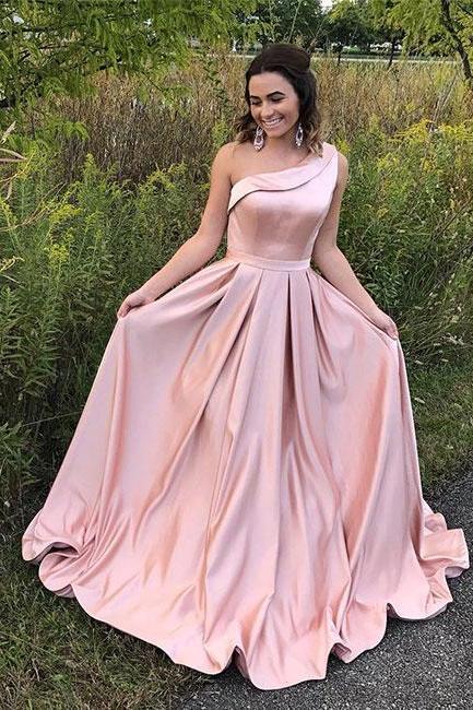 Gorgeous Princess Pink One Shoulder Satin Prom Dress,A Line Formal Evening Gown
