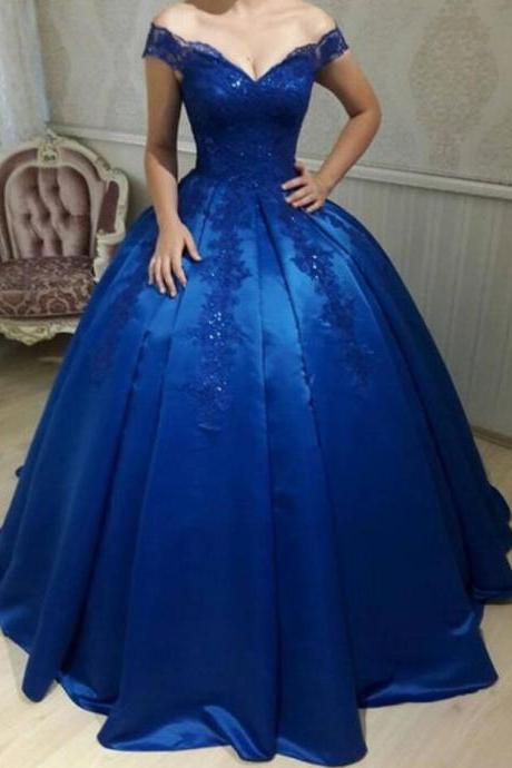 Royal Blue Off The Shoulder Ball Gown Wedding Party Dress,Prom Dress,Formal Gown With Lace Appliques
