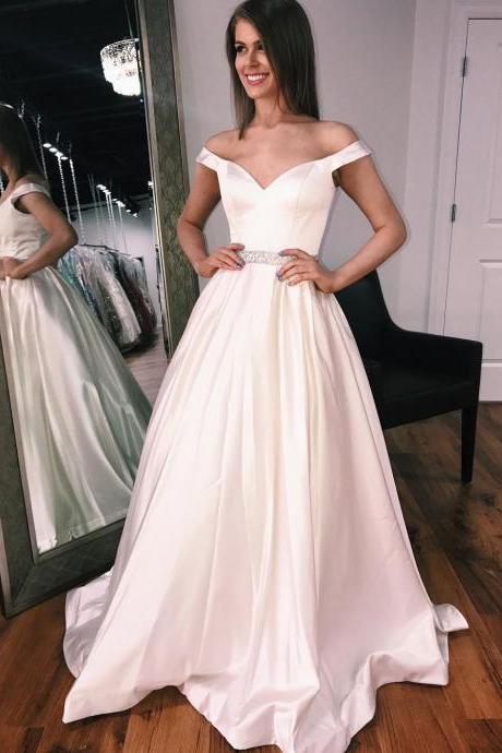 2018 Off The Shoulder Ivory Princess Prom Dress,A Line Satin Formal Gown With Beaded Waist
