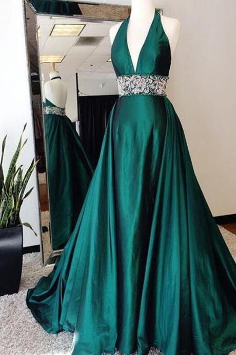 Dark Green Deep V Neck Evening Formal Gown, Open Back Satin Prom Dress With Beaded Waist