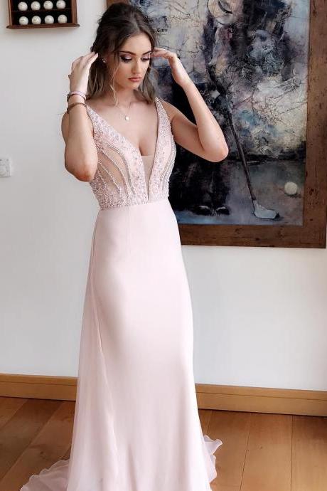 Fashion Beaded Plunging V Neck Sleeveless Prom Dress,Formal Evening Gown With V Back