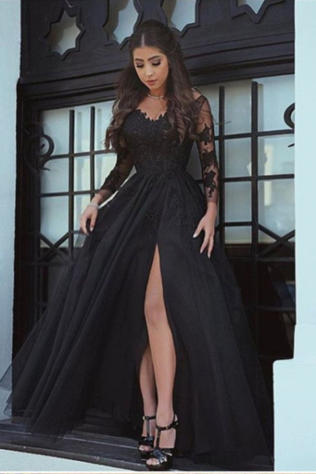 Sexy Black Long Sleeves Formal Evening Gown,Open Back Prom Dress With Lace Appliques