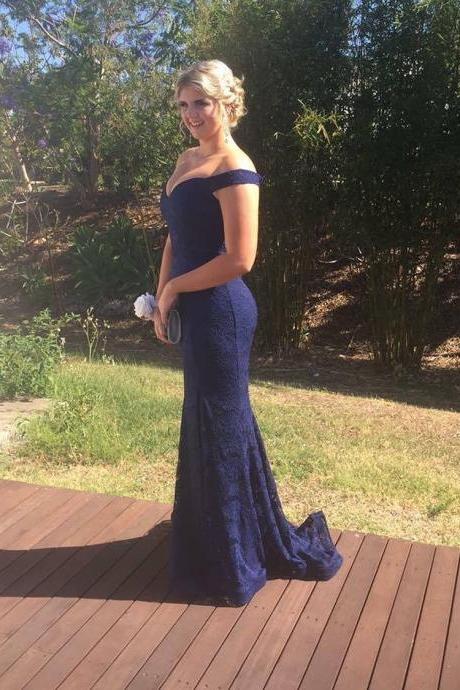 Navy Blue Mermaid Formal Evening Gown Lace,Off The Shoulder Prom Dress Sweep Train
