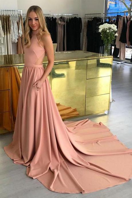 2018 Prom Dress Blush Pink, Formal Evening Gown A Line Open Back Sweep Train