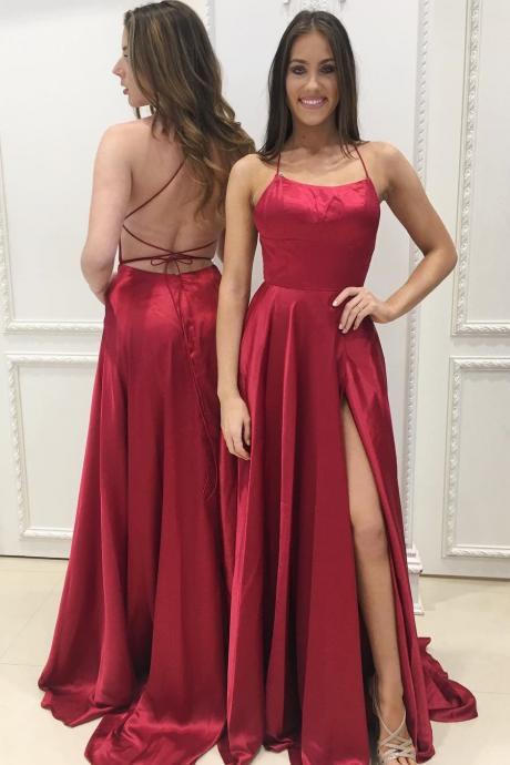 Sexy Halter Formal Evening Gown Red, Backless Long Maxi Party Dress With High Slit