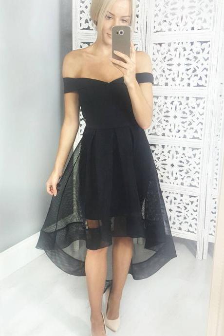 2018 Off The Shoulder Homecoming Dress Black Cocktail Party Dress,Wedding Party Dress With High Lo Hem