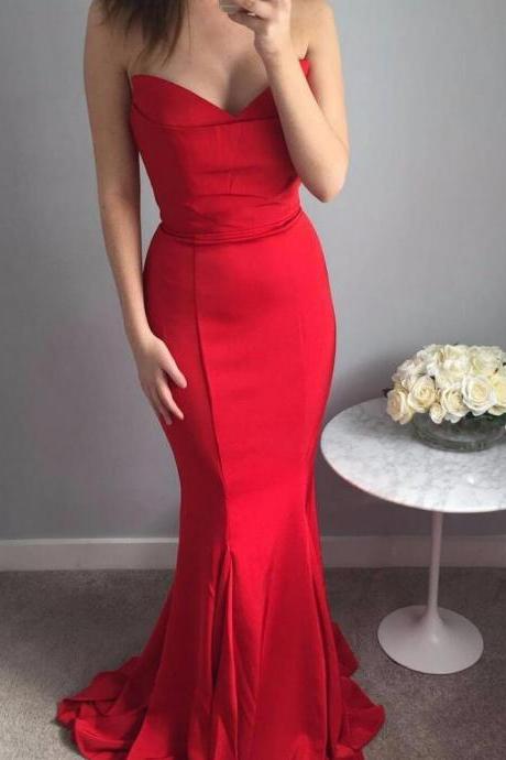 Elegant Sweetheart Prom Dress Red, Mermaid Formal Evening Gown,Bridesmaid Dress With Sweep Train