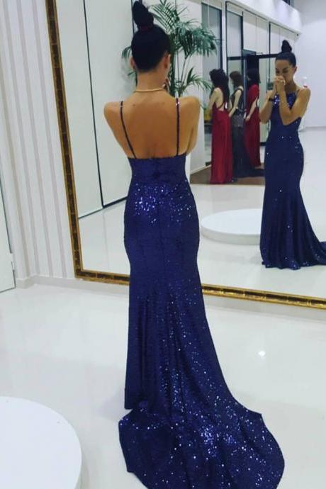 Sequin Halter Mermaid Prom Dress Royal Blue,Sexy Formal Evening Gown With Spaghetti Straps