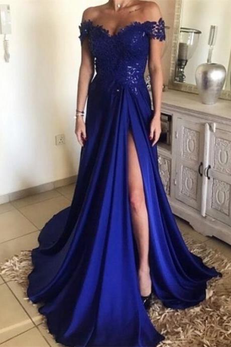 2018 Fashion Off The Shoulder Prom Dress Royal Blue, High Slit Formal Evening Gown With Lace Bodice