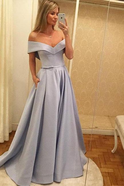 Elegant Off The Shoulder Prom Dress Silver , A Line Satin Formal Gown Elsa Hosk Same Style