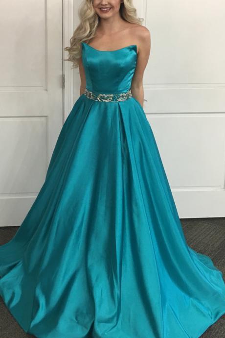 Strapless Prom Dress Teal, A Line Formal Evening Gown,Pageant Gown With Beaded Waist