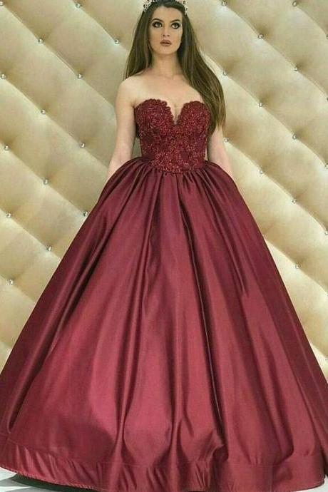 Elegant Sweetheart Ball Gown Prom Dress Burgundy, Formal Evening Gown With Lace Appliques Bodice
