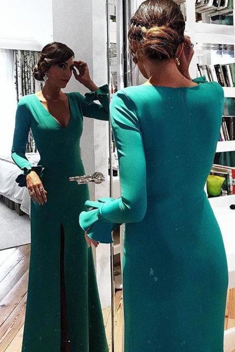 Teal V Neck Sheath Formal Evening Gown Long Sleeves,mother Of Bridal Dress With Side Slit