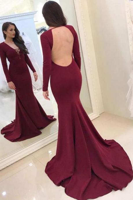 Sexy Mermaid Formal Evening Gown Long Sleeves, Burgundy V Neck Prom Dress With Open Back